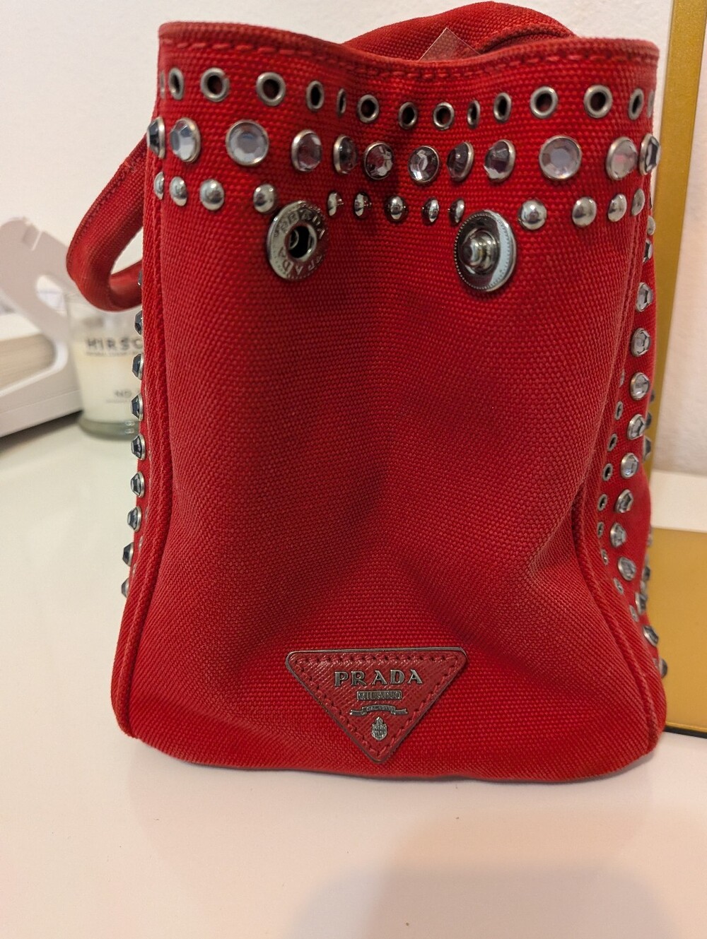 Prada Canapa Red Studded Rhinestone Small Satchel - Picture 7 of 13